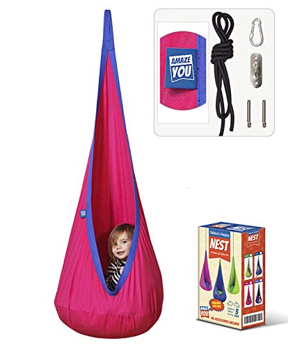 AMAZEYOU Kids Swing Hammock Pod Chair - Child's Rope Hanging Sensory Seat Nest Indoor Outdoor Use Inflatable Pillow - Great Children, All Accessories Included (Pink)