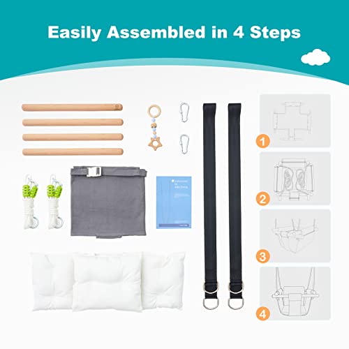 Troispot Comfortable Baby Swing Seat, Secure Canvas and Wooden Hanging Swing Chair for Baby, Infant, Toddler, Child, Kids Toys, Indoor Outdoor Hammock for Playground, Tree Swings or Backyard, C1