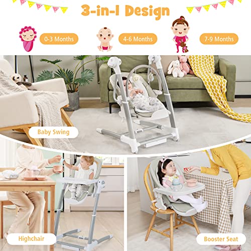 BABY JOY Baby Swings for Infants, 3 in 1 Foldable High Chair w/ 8 Adjustable Height, 5-Position Backrest, 3 Timer Settings, 12 Melodies and 5 Natural Sounds, Booster Seat for Dining Table (Gray)