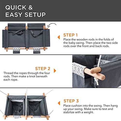 Secure Twin's Baby Swing Seat with Safety Belt, Wooden Hanging Swing Seat Chair - Indoor Outdoor, Double Baby Hammock Swing for Twin Babies, Infant and Toddler, Gray Lace