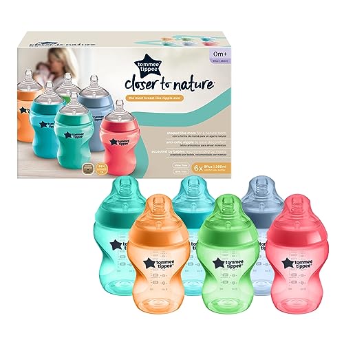 Tommee Tippee Closer to Nature Fiesta Baby Feeding Bottles, Anti-Colic, Slow Flow, BPA-Free - 9 Ounces, Multi-colored, 6 Pack