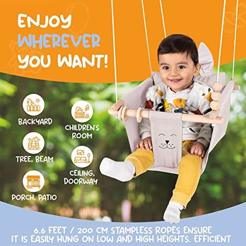 Mass Lumber Canvas Baby Swing Outdoor Indoor Swing for Toddlers Age 1-3 on Doorway Infant Swing Outdoor 6 Months with Ceiling Hardwares and Wooden Toys Toddler Gift for Mom Hanging Indoor Baby Swings