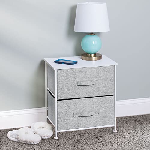 mDesign Night Stand/End Table Storage Tower - Sturdy Steel Frame, Wood Top, Easy Pull Fabric Bins - Organizer Unit for Bedroom, Hallway, Entryway, Closets - Textured Print - 2 Drawers - Gray/White
