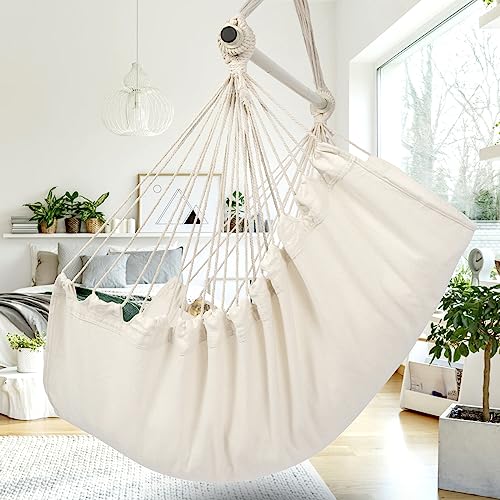 Y- STOP Hammock Chair Hanging Rope Swing-Max 320 Lbs-2 Seat Cushions Included-Quality Cotton Weave for Superior Comfort & Durability (Beige)