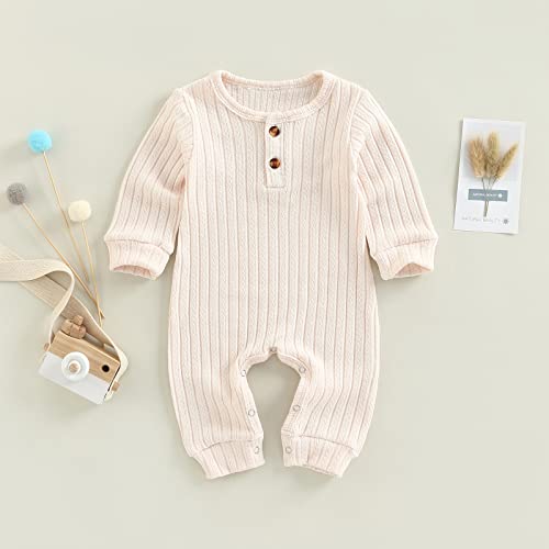 Baby Boys Long Sleeve Romper Solid Color Basic Jumpsuit Newborn Girls Casual Bodysuit Jumpers (Apricot , 3-6 Months )