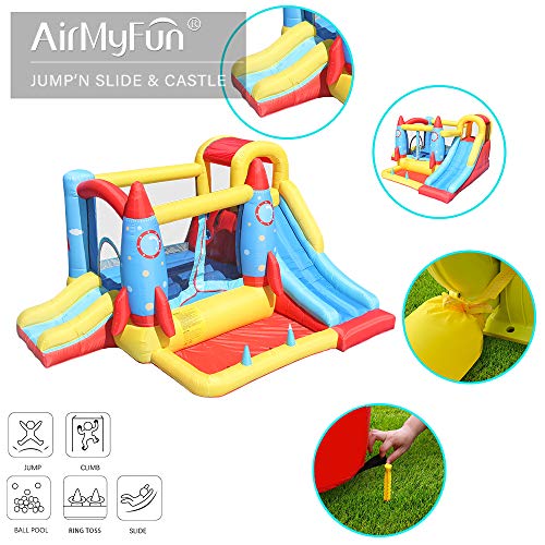AirMyFun Inflatable Bounce House,Bouncy Castle with Air Blower,Play House with Ball Pit,Inflatable Kids Slide,Jumping Castle with Carry Bag(Rocket Theme)