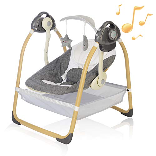 AiBeeYou Baby Swings for Infants, Baby Swing with 6 Motions,Infant Swing with Music,Sounds and Timing Function, Baby Rocker with 2 Toys, Plsuh Seat & Soft Head Support, Machine Washable Fabric (Grey)