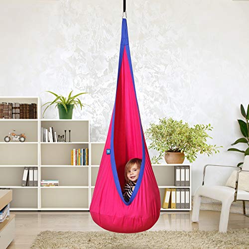 AMAZEYOU Kids Swing Hammock Pod Chair - Child's Rope Hanging Sensory Seat Nest Indoor Outdoor Use Inflatable Pillow - Great Children, All Accessories Included (Pink)