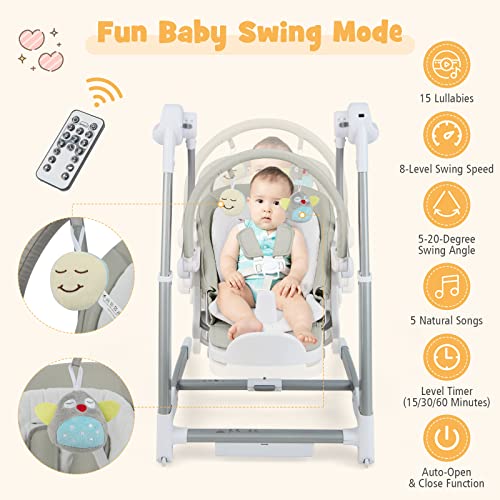 BABY JOY Baby Swings for Infants, 3 in 1 Foldable High Chair w/ 8 Adjustable Height, 5-Position Backrest, 3 Timer Settings, 12 Melodies and 5 Natural Sounds, Booster Seat for Dining Table (Gray)