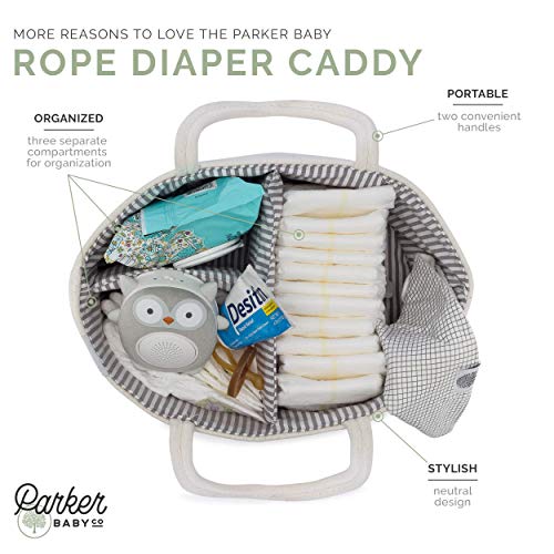 Parker Baby Rope Diaper Caddy Organizer - Nursery Storage Bin and Car Organizer for Diapers and Baby Wipes - Diaper Organizer for Baby Essentials - Gray