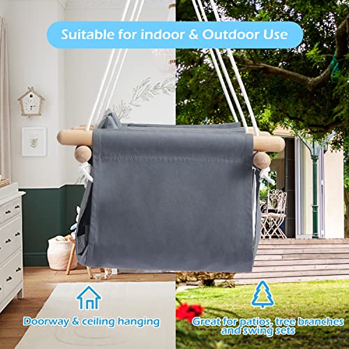 Secure Twin's Baby Swing Seat with Safety Belt, Wooden Hanging Swing Seat Chair - Indoor Outdoor, Double Baby Hammock Swing for Twin Babies, Infant and Toddler, Gray Lace