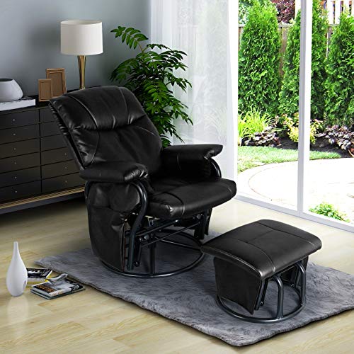 AODAILIHB Glider Chairs Rocking Chair with Ottoman 360° Swivel Chair PU Leather Upholstered Armchair Lounge Chair Sliding Chair Set (Black)
