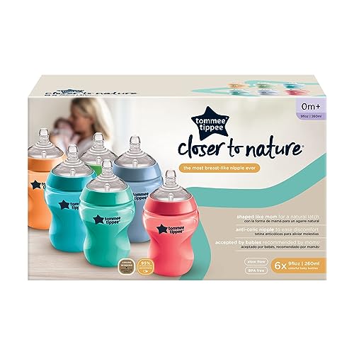 Tommee Tippee Closer to Nature Fiesta Baby Feeding Bottles, Anti-Colic, Slow Flow, BPA-Free - 9 Ounces, Multi-colored, 6 Pack