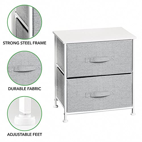mDesign Night Stand/End Table Storage Tower - Sturdy Steel Frame, Wood Top, Easy Pull Fabric Bins - Organizer Unit for Bedroom, Hallway, Entryway, Closets - Textured Print - 2 Drawers - Gray/White