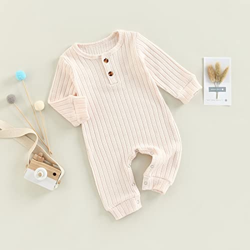 Baby Boys Long Sleeve Romper Solid Color Basic Jumpsuit Newborn Girls Casual Bodysuit Jumpers (Apricot , 3-6 Months )