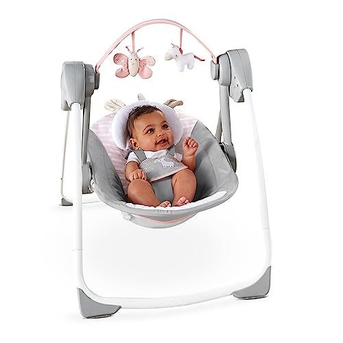 Compact Portable 6-Speed Baby Swing: Pink Flora Unicorn