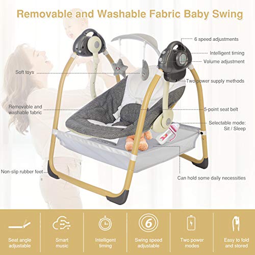 AiBeeYou Baby Swings for Infants, Baby Swing with 6 Motions,Infant Swing with Music,Sounds and Timing Function, Baby Rocker with 2 Toys, Plsuh Seat & Soft Head Support, Machine Washable Fabric (Grey)