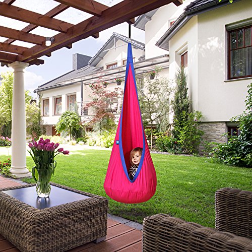 AMAZEYOU Kids Swing Hammock Pod Chair - Child's Rope Hanging Sensory Seat Nest Indoor Outdoor Use Inflatable Pillow - Great Children, All Accessories Included (Pink)