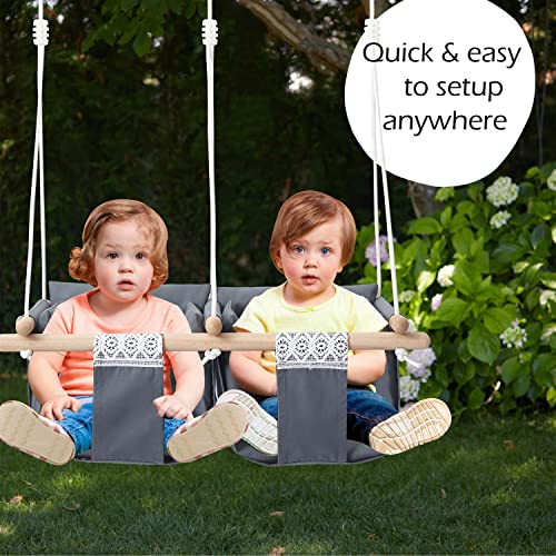Secure Twin's Baby Swing Seat with Safety Belt, Wooden Hanging Swing Seat Chair - Indoor Outdoor, Double Baby Hammock Swing for Twin Babies, Infant and Toddler, Gray Lace