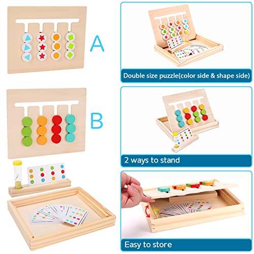 Preschool Learning Toys Slide Puzzle Color & Shape Matching Brain Teasers Logic Game Montessori Educational Wooden Toys for Kids Child Boys Girls Age 3 4 5 6 7 Years Old Family Game Travel Toys