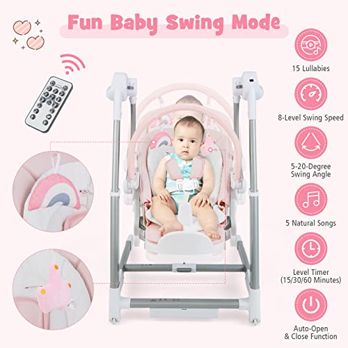 BABY JOY Baby Swings for Infants, 3 in 1 Foldable High Chair w/ 8 Adjustable Height, 5-Position Backrest, 3 Timer Settings, 12 Melodies and 5 Natural Sounds, Booster Seat for Dining Table (Pink)