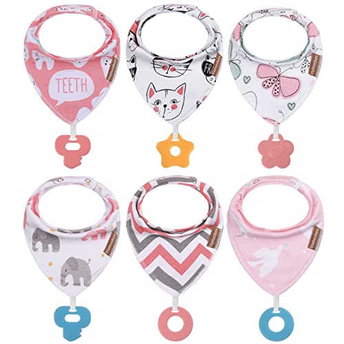 Baby Bandana Drool Bibs 6-Pack and Teething Toys 6-Pack Made with 100% Organic Cotton, Absorbent and Soft Unisex (Vuminbox) (6 - Pack Girl)