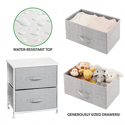 mDesign Night Stand/End Table Storage Tower - Sturdy Steel Frame, Wood Top, Easy Pull Fabric Bins - Organizer Unit for Bedroom, Hallway, Entryway, Closets - Textured Print - 2 Drawers - Gray/White