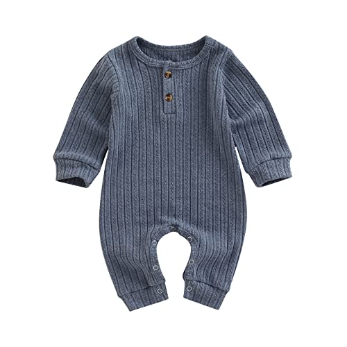 Baby Boys Long Sleeve Romper Solid Color Basic Jumpsuit Newborn Girls Casual Bodysuit Jumpers (Blue , 3-6 Months )