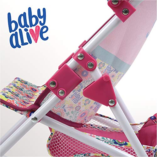 Baby Alive Doll Stroller with Retractable Canopy (D82091), Safety Harness for Baby Doll, Two-Toned Handle & Wheels, Storage Basket, Fits Dolls up to 24 inches - Foldable for Easy Toy Storage, Age 3+