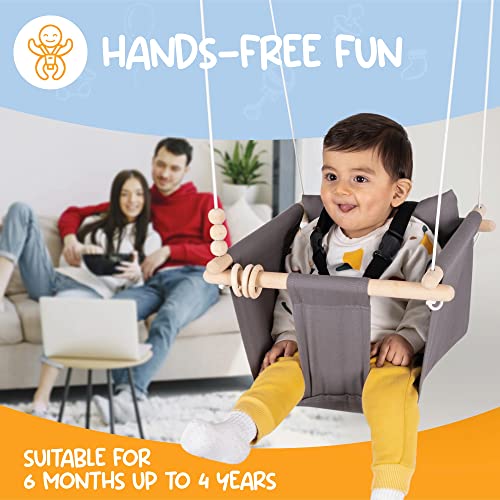 Mass Lumber Canvas Baby Swing Outdoor Indoor Swing for Toddlers Age 1-3 on Doorway Infant Swing Outdoor 6 Months with Ceiling Hardwares and Wooden Toys Toddler Gift for Mom Hanging Indoor Baby Swings
