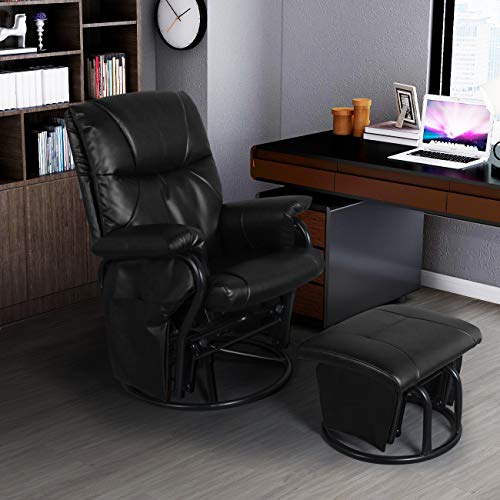 AODAILIHB Glider Chairs Rocking Chair with Ottoman 360° Swivel Chair PU Leather Upholstered Armchair Lounge Chair Sliding Chair Set (Black)