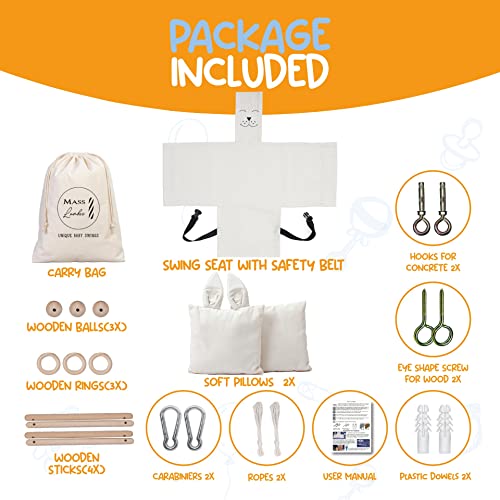 Mass Lumber Canvas Baby Swing Outdoor Indoor Swing for Toddlers Age 1-3 on Doorway Infant Swing Outdoor 6 Months with Ceiling Hardwares and Wooden Toys Toddler Gift for Mom Hanging Indoor Baby Swings