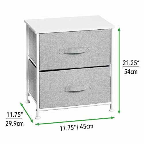 mDesign Night Stand/End Table Storage Tower - Sturdy Steel Frame, Wood Top, Easy Pull Fabric Bins - Organizer Unit for Bedroom, Hallway, Entryway, Closets - Textured Print - 2 Drawers - Gray/White
