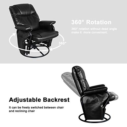 AODAILIHB Glider Chairs Rocking Chair with Ottoman 360° Swivel Chair PU Leather Upholstered Armchair Lounge Chair Sliding Chair Set (Black)