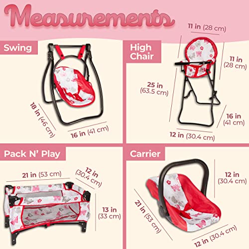 Litti Pritti 4 Piece Set Baby Doll Accessories - Includes Baby Doll Swing, Baby Doll High Chair, Doll Pack N Play, Baby Doll Carrier  18 inch Doll Accessories for 3 Year Old Girls and Up