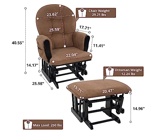 Nursery Glider & Ottoman Sets, Reclining Swivel Glider Rocker with Ottoman, Nursery Rocking Chair for Baby Room, Upholstered Nursery Recliner Glider with Ottoman, Padded Arms - Black, Chocolate