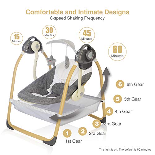 AiBeeYou Baby Swings for Infants, Baby Swing with 6 Motions,Infant Swing with Music,Sounds and Timing Function, Baby Rocker with 2 Toys, Plsuh Seat & Soft Head Support, Machine Washable Fabric (Grey)