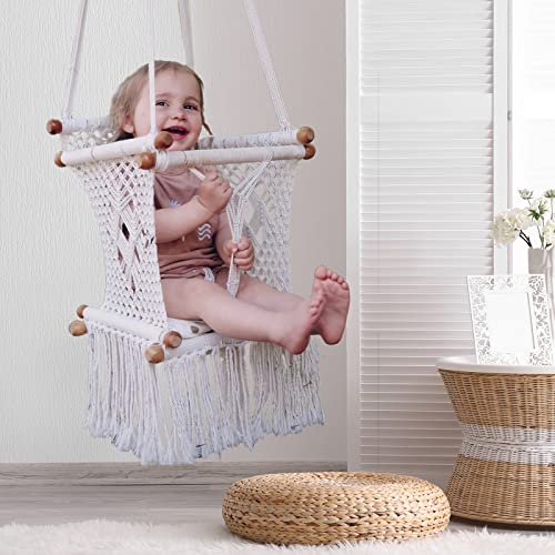Primebabe Baby Swing Outdoor and Indoor, Baby Swings for Infants to Toddler with Locking Carabiners,Made of Hand-Woven Cotton, White