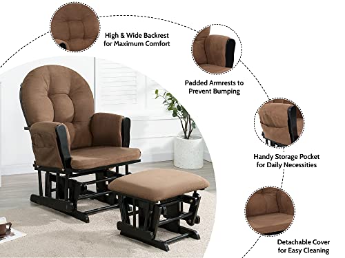Nursery Glider & Ottoman Sets, Reclining Swivel Glider Rocker with Ottoman, Nursery Rocking Chair for Baby Room, Upholstered Nursery Recliner Glider with Ottoman, Padded Arms - Black, Chocolate