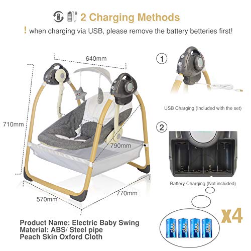 AiBeeYou Baby Swings for Infants, Baby Swing with 6 Motions,Infant Swing with Music,Sounds and Timing Function, Baby Rocker with 2 Toys, Plsuh Seat & Soft Head Support, Machine Washable Fabric (Grey)