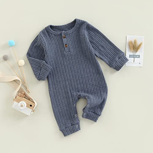 Baby Boys Long Sleeve Romper Solid Color Basic Jumpsuit Newborn Girls Casual Bodysuit Jumpers (Blue , 3-6 Months )