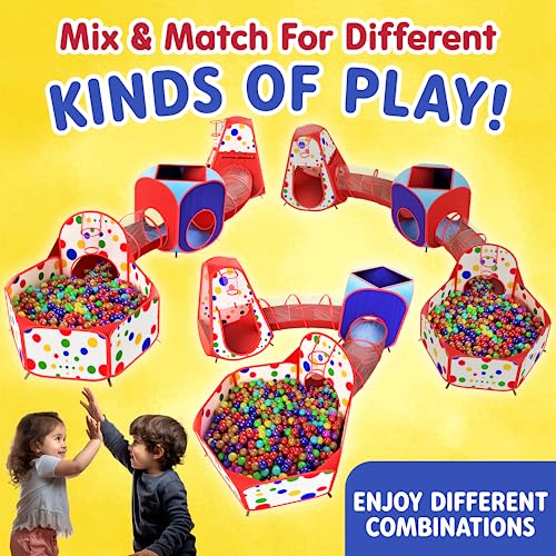 Playz 5-Piece Kids Play Tents Crawl Tunnels and Ball Pit Popup Bounce Playhouse Tent with Basketball Hoop for Indoor and Outdoor Use with Red Carrying Case