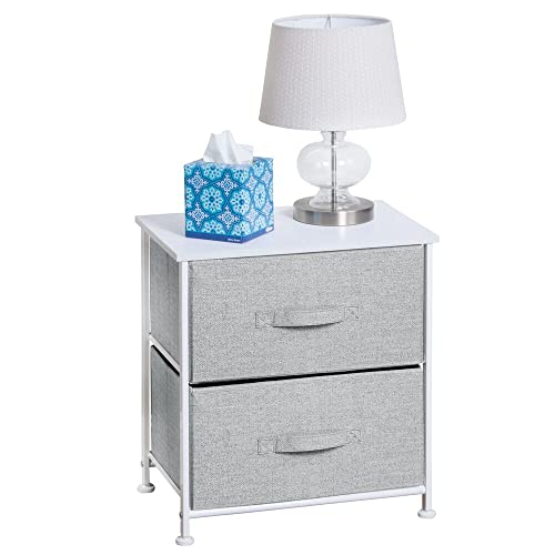mDesign Night Stand/End Table Storage Tower - Sturdy Steel Frame, Wood Top, Easy Pull Fabric Bins - Organizer Unit for Bedroom, Hallway, Entryway, Closets - Textured Print - 2 Drawers - Gray/White