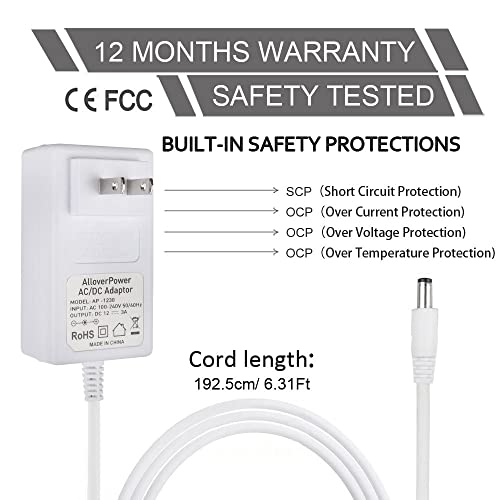 AlloverPower 12V 3A AC Adapter Power Cord Charger for 4moms mamaroo 2/4, mamaroo 2015 Infant Seat Bouncer, Rockaroo Baby Swing Charging Plug Replacement (6.3Ft Length)