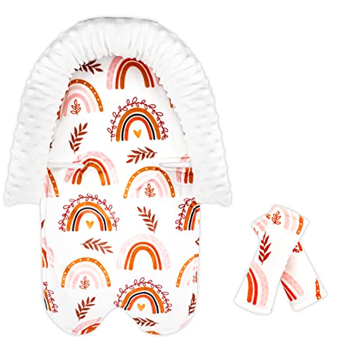 Infant Car Seat Head Support Rainbow Baby Carseat Head Support Cushion & Strap Covers for Newborns Ultra Soft Minky Dot Fabric Perfect for Baby Carseats, Strollers, Swing, and Bouncers
