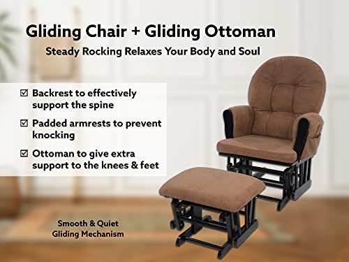 Nursery Glider & Ottoman Sets, Reclining Swivel Glider Rocker with Ottoman, Nursery Rocking Chair for Baby Room, Upholstered Nursery Recliner Glider with Ottoman, Padded Arms - Black, Chocolate