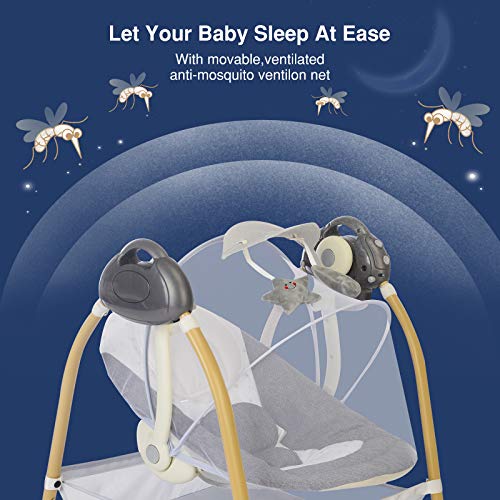 AiBeeYou Baby Swings for Infants, Baby Swing with 6 Motions,Infant Swing with Music,Sounds and Timing Function, Baby Rocker with 2 Toys, Plsuh Seat & Soft Head Support, Machine Washable Fabric (Grey)