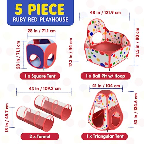 Playz 5-Piece Kids Play Tents Crawl Tunnels and Ball Pit Popup Bounce Playhouse Tent with Basketball Hoop for Indoor and Outdoor Use with Red Carrying Case
