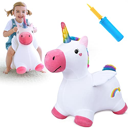 iPlay, iLearn Unicorn Bouncy Horse Plush, Outdoors n Indoors Ride On Hopping Animal Toys, Inflatable Hopper, Unique Activity Riding Gifts for 18 Months, 2, 3, 4, Year Olds Kids Toddlers Girl ?W/ Pump?