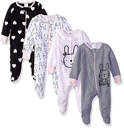 Gerber Baby Girls' 4 Pack Sleep N' Play Footie, Bunny Smiley, 0-3 Months